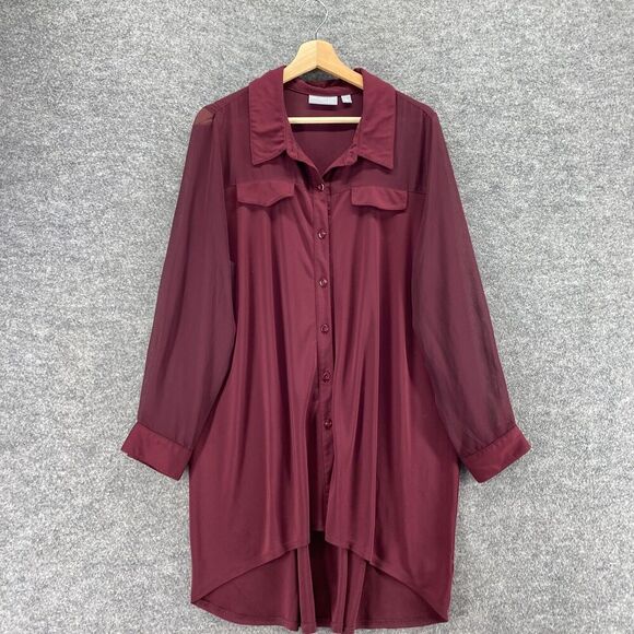 Susan Graver Shirt Women L Large Red Button Up Long Sleeve Collared Blouse - Picture 2 of 9